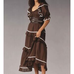 Anthropologie Puff Sleeve Scoop-Neck Tiered Maxi Dress Brown Western Size L